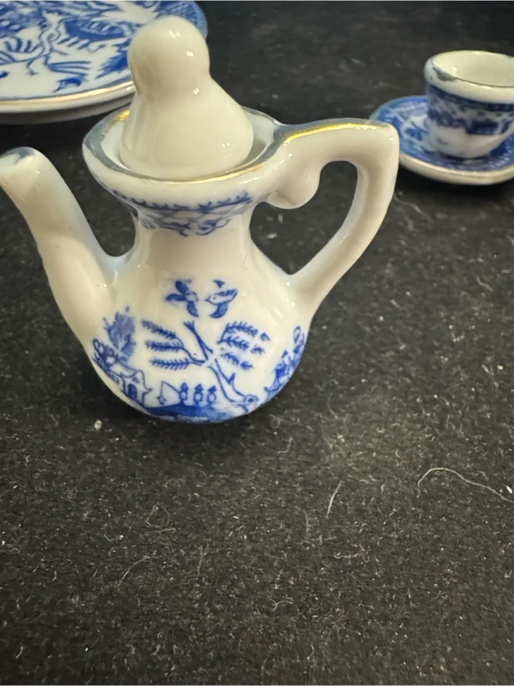 10pc Lot Miniature Mini Blue/White Gilded Porcelain TEA SET Teapot Sugar Creamer